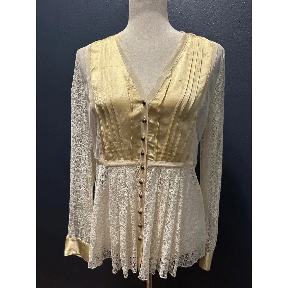 Sundance Lace Satin Lady Jane Blouse Sz 8 Cream Gold Romantic Mesh Peplum Top - Picture 2 of 14